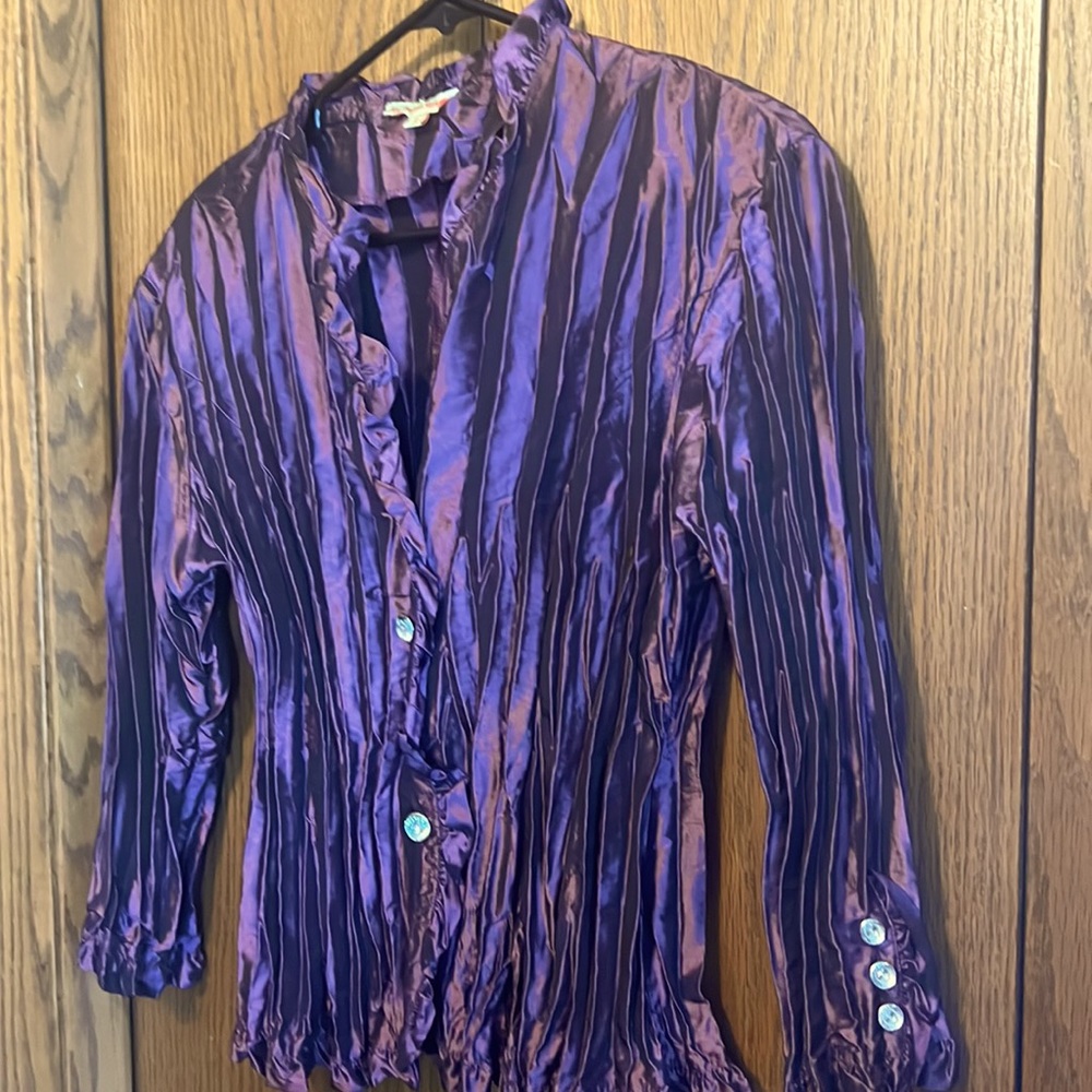Dark purple dressy satin like jacket/blouse with rhinestone buttons